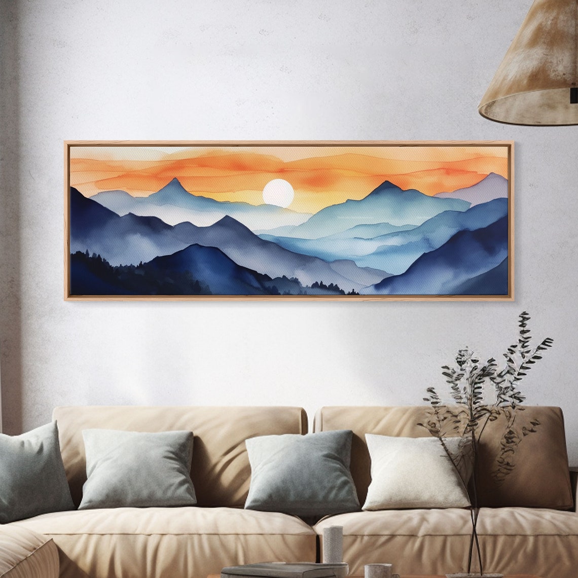 Blue Mountain Ranges Sunset Watercolor Layered Panoramic Poster - Image 4