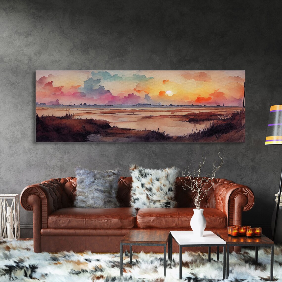 Watercolor Landscape Sunset, Hazy Sky Art Print