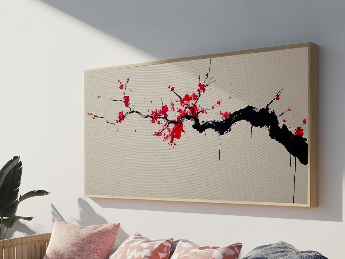 Cherry Blossom Branch Ink Painting Red Blooms Japanese Sumi Art Print - Image 3