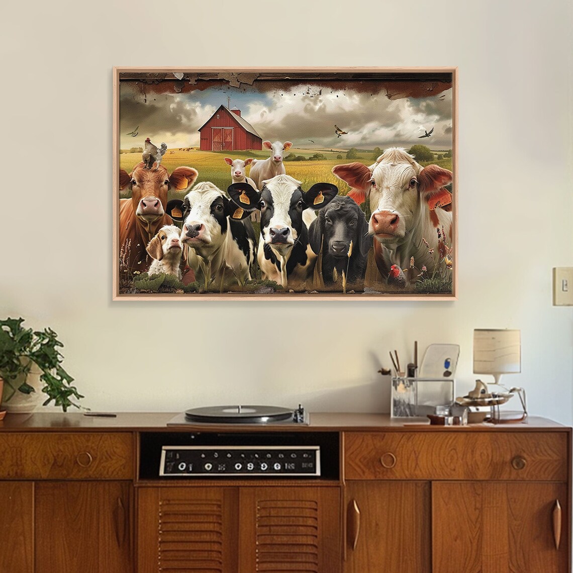 Cute Cow Herd Red Barn Farm Animal Faces Rustic Countryside Wall Art - Image 6