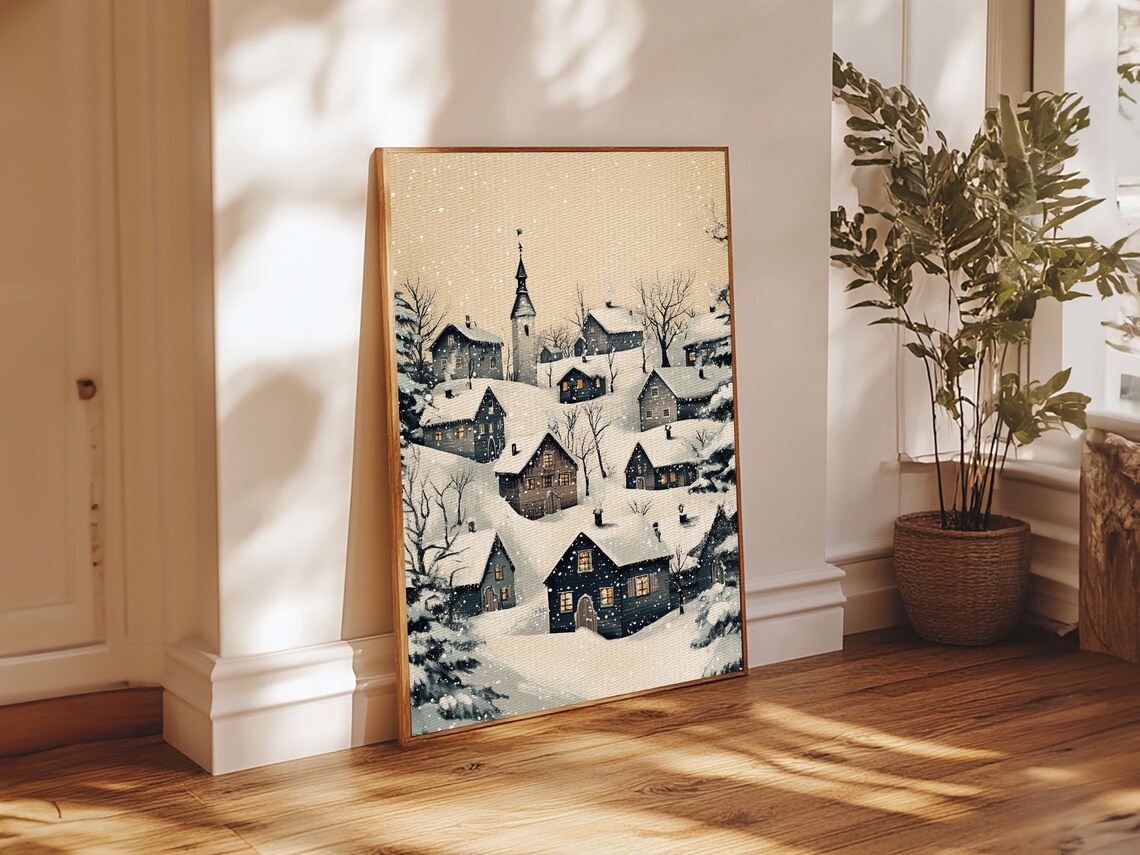 Snowy Winter Village With Church Minimalist Night Landscape Art Print - Image 2