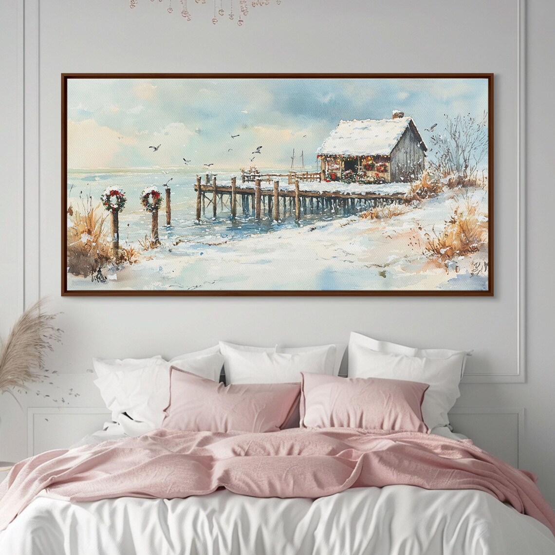 Snowy Fishing Pier Christmas Wreaths Seaside Holiday Art Print