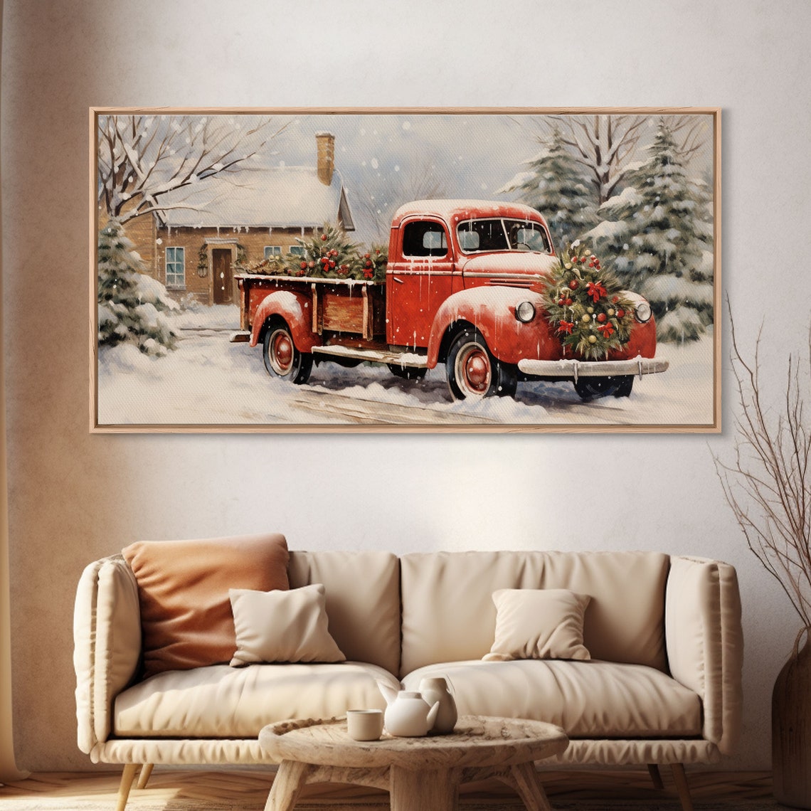 Vintage Red Pickup Truck Christmas Tree Snowy Farm Scene Poster - Image 4