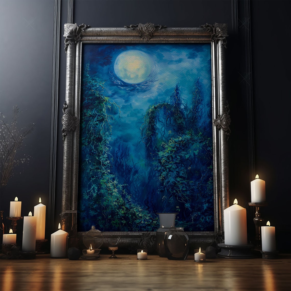 Moonlit Forest Path Blue Night Full Moon Romantic Art Poster - Image 5