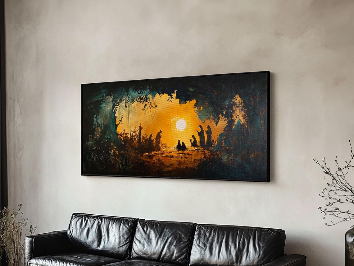 Christmas Nativity Manger Golden Light Silhouette Oil Painting Poster - Image 6