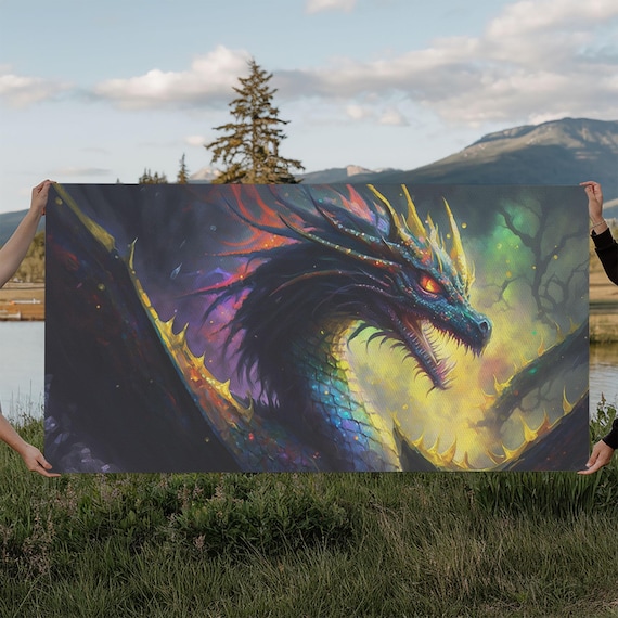 Psychedelic Dragon Head Iridescent Scales Golden Horns Dark Wall Poster
