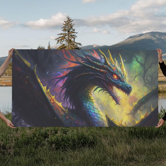 Psychedelic Fire Breathing Horned Dragon Framed Print Colorful Fantasy Wall Art Videogame Concept Decor