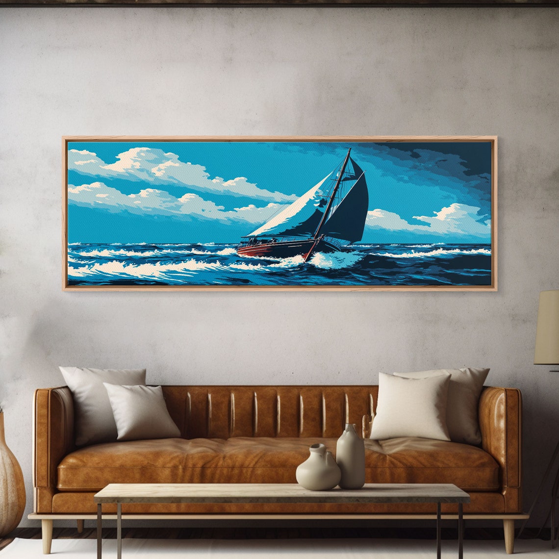 Panoramic Sailboat Blue Ocean Waves Full Sails Sunny Sky Wall Poster