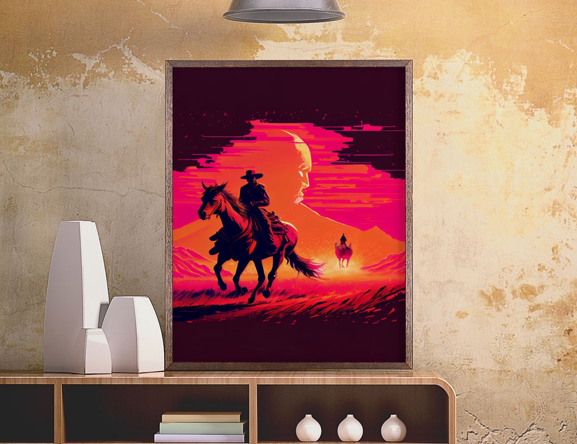 Vaporwave Cowboy Horseback Sunset Neon Western Retro Rodeo Art Poster - Image 3
