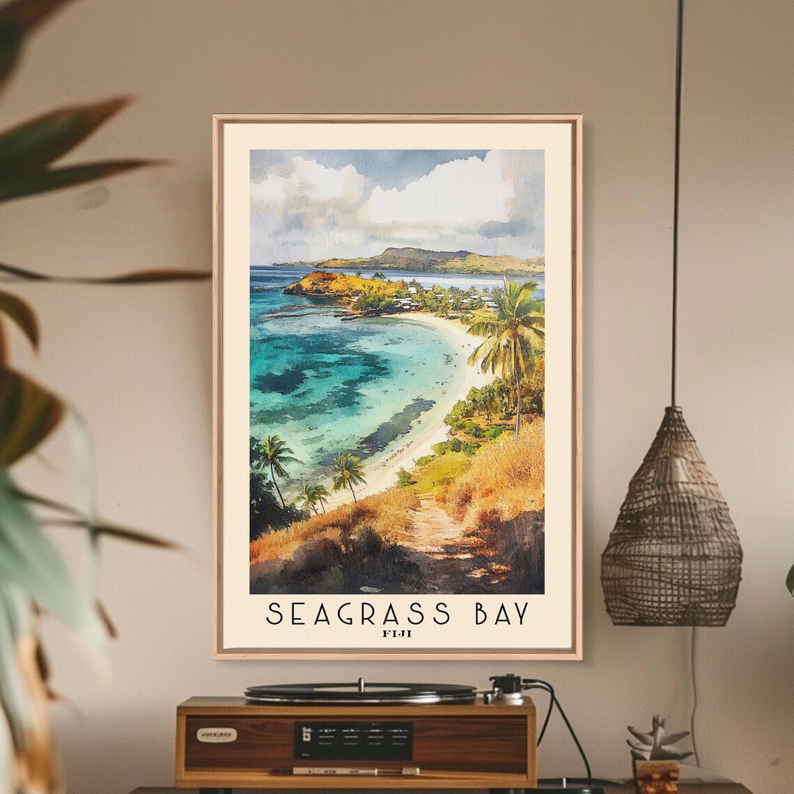 Seagrass Bay Fiji Coral Reef Turquoise Bay Aerial Palm Coast Travel Poster - Image 3