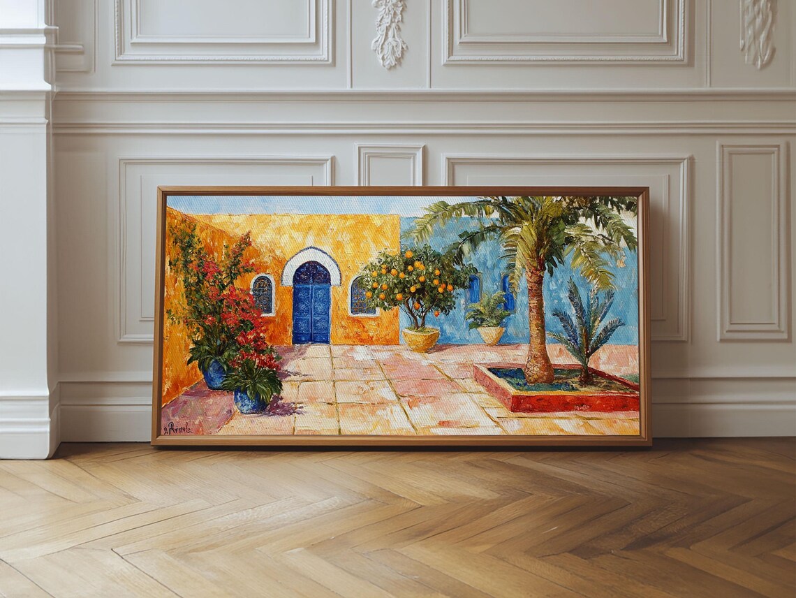 Colorful Mexican Courtyard Painting Blue Door Orange Blossoms Wall Art Print - Image 4