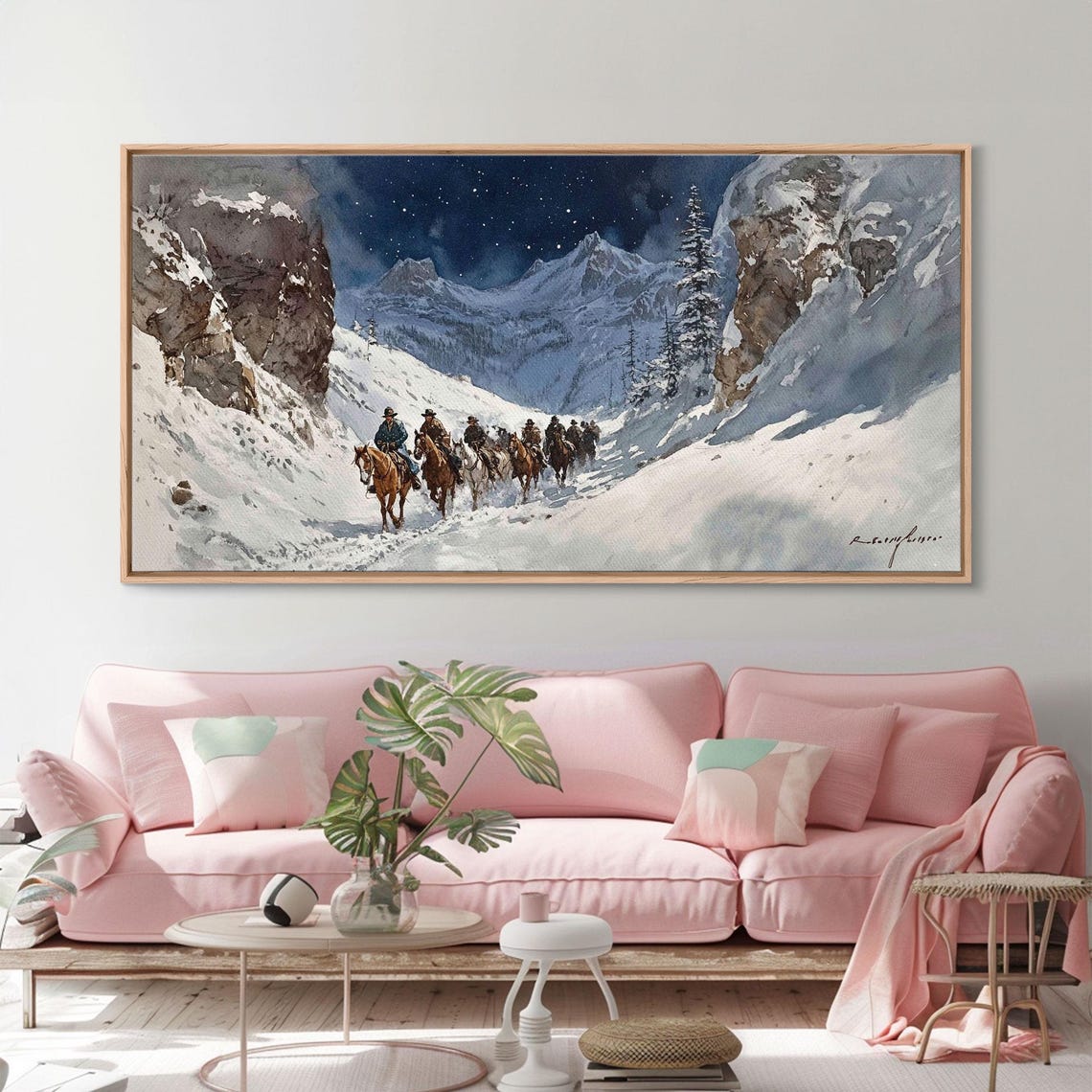Cowboys Riding Snowy Mountain Pass Under Starry Night Art Print