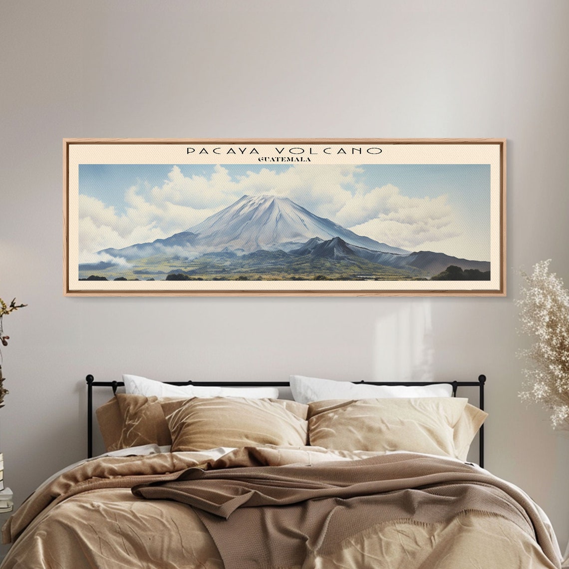 Pacaya Volcano Guatemala Snow Capped Peak Clouds Vintage Travel Poster
