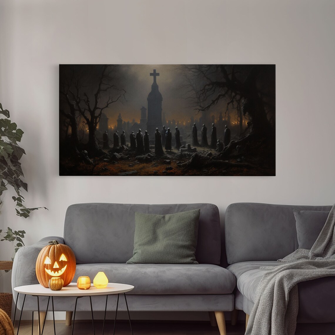 Haunted Cemetery Moonlit Church Cross Hooded Figures Graveyard Night Poster - Image 4
