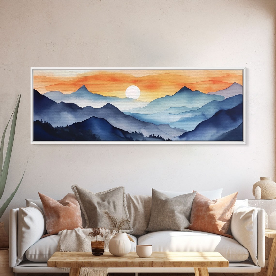 Blue Mountain Ranges Sunset Watercolor Layered Panoramic Poster - Image 5