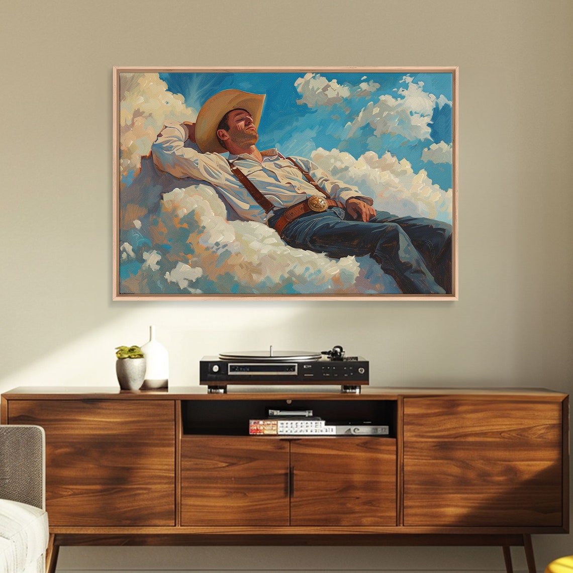 Cowboy Relaxing On Clouds Bright Blue Sky Whimsical Western Poster - Image 4