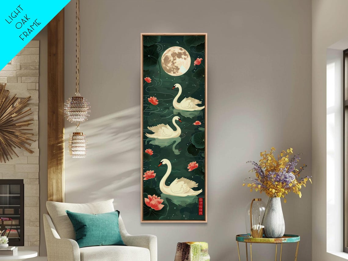Three White Swans Full Moon Lotus Pond Night Japanese Poster - Image 5