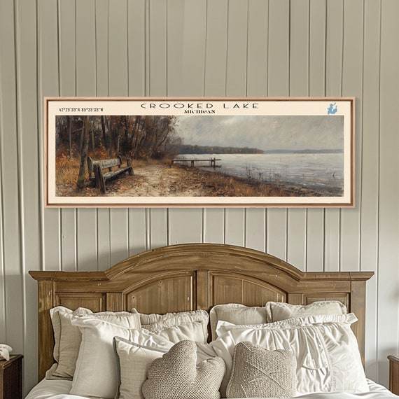 Crooked Lake Michigan Framed Print Lake House Art Panoramic Wall Art Travel Poster Minimalist Lake Painting Home Decor
