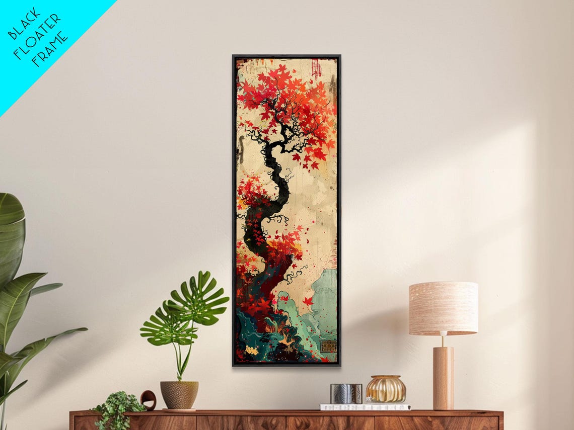 Twisted Autumn Tree Red Maple Leaves Dramatic Tall Art Print - Image 4
