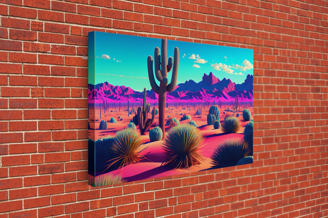Synthwave Cactus Desert Neon Pink Mountains Saguaro Retro Art Poster - Image 3