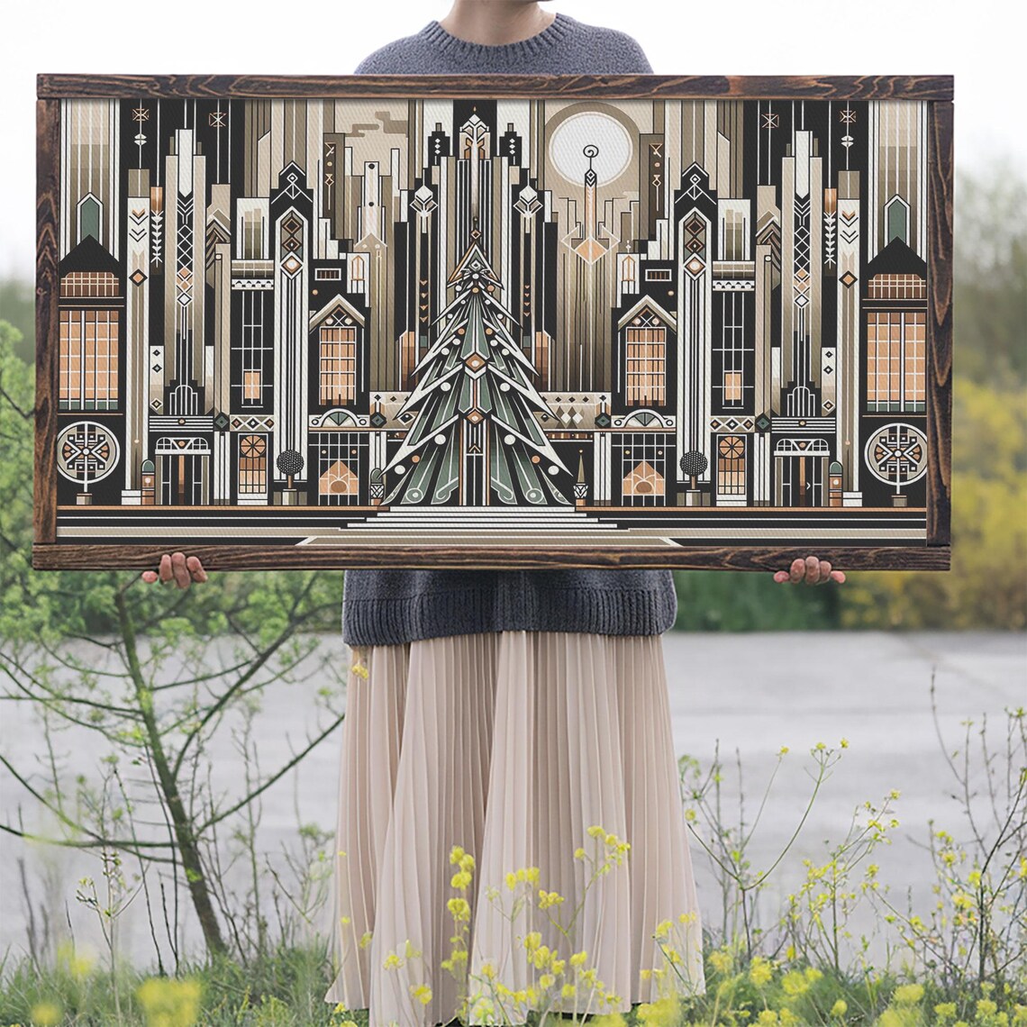 Art Deco Christmas Village Retro Holiday Art Print - Image 2