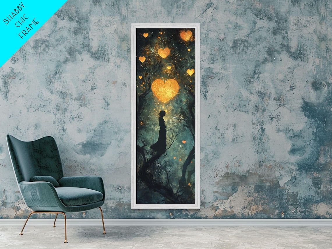 Mystical Golden Hearts Starry Night Forest Figure Romantic Whimsical Vertical Poster - Image 6