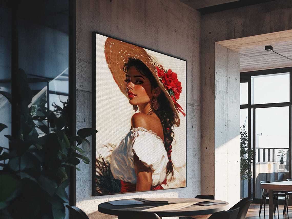 Mexican Woman Straw Hat Red Flowers Romantic Portrait Wall Art Poster - Image 2