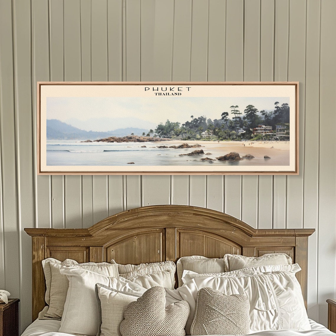 Phuket Thailand Rocky Beach Palm Trees Panoramic Vintage Travel Poster