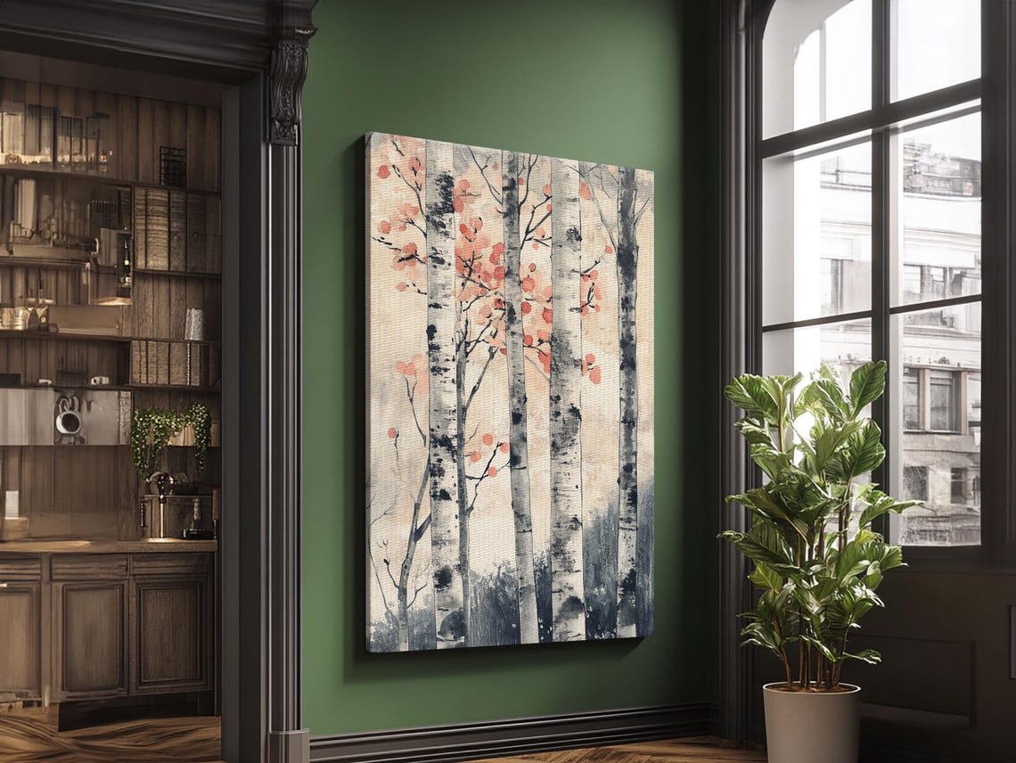 Watercolor Birch Trees With Red Blossoms Autumn Forest Poster - Image 6