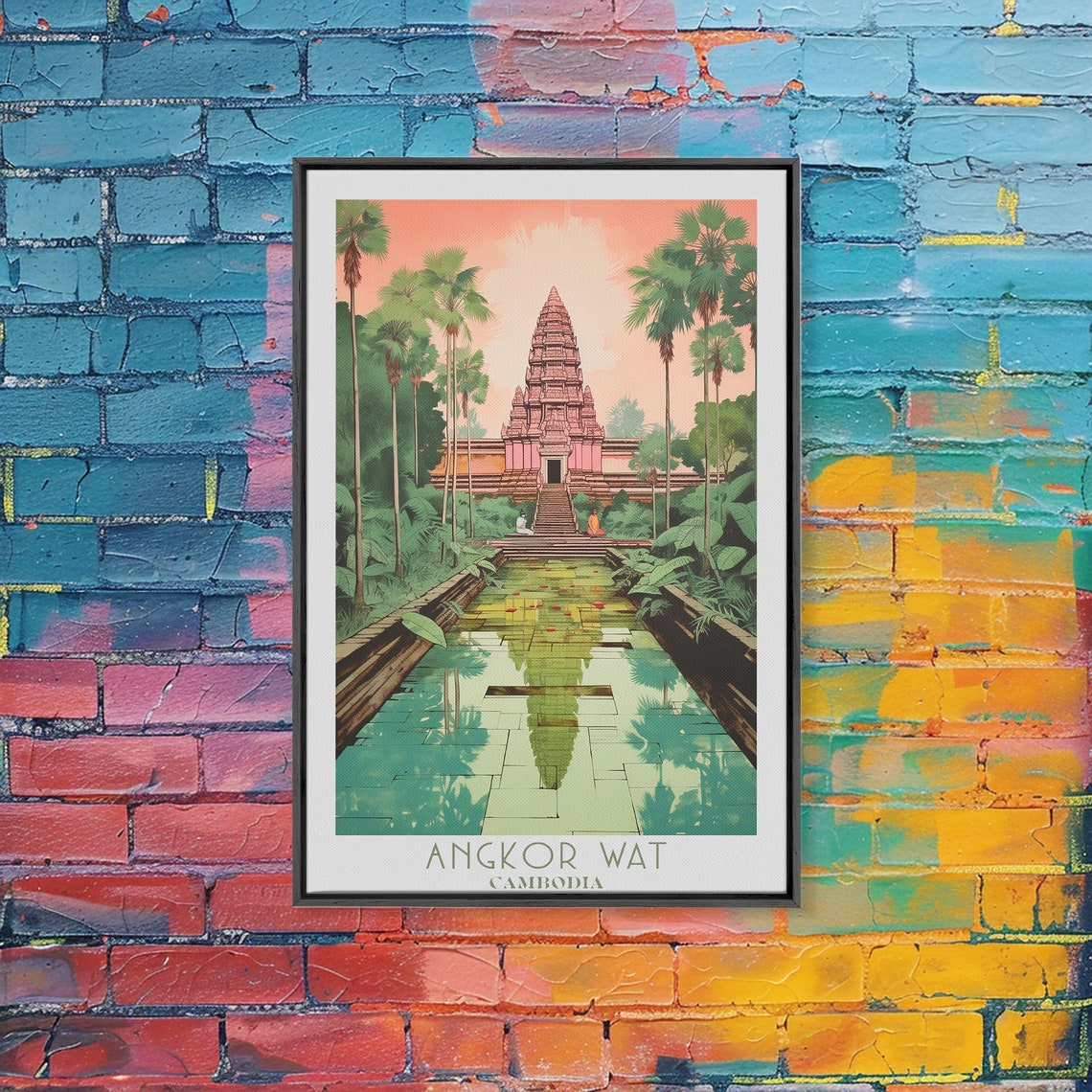 Angkor Wat Cambodia Temple Reflection Moat Sunset Palms Travel Poster