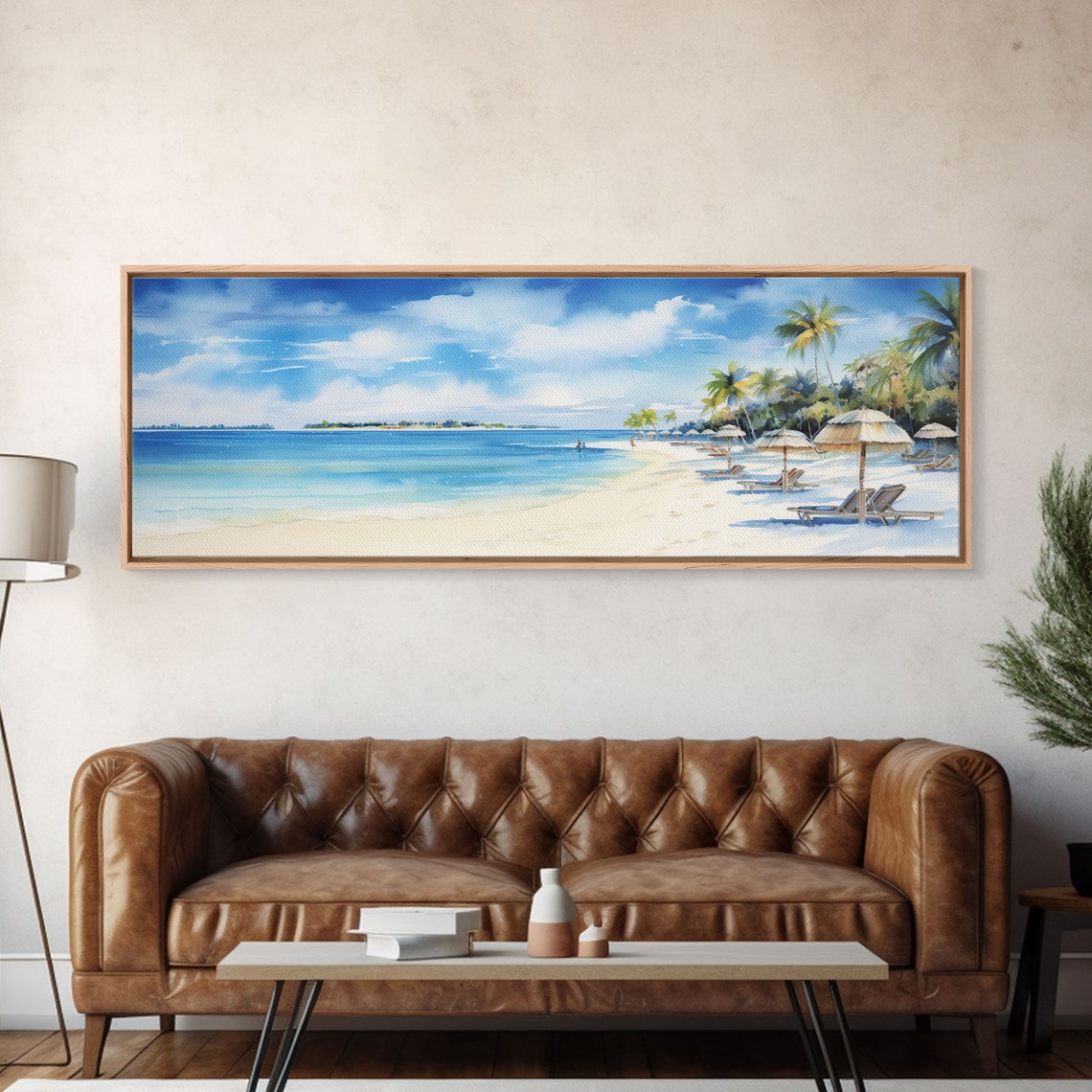 Tropical Beach Resort Umbrellas Lounge Chairs Turquoise Water Poster
