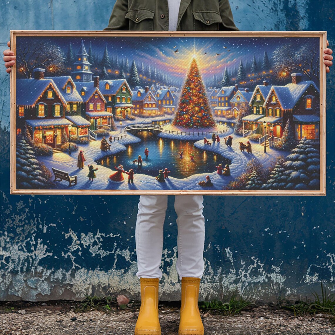 Christmas Town Square Tree With Skaters On Frozen Pond Night Poster - Image 6