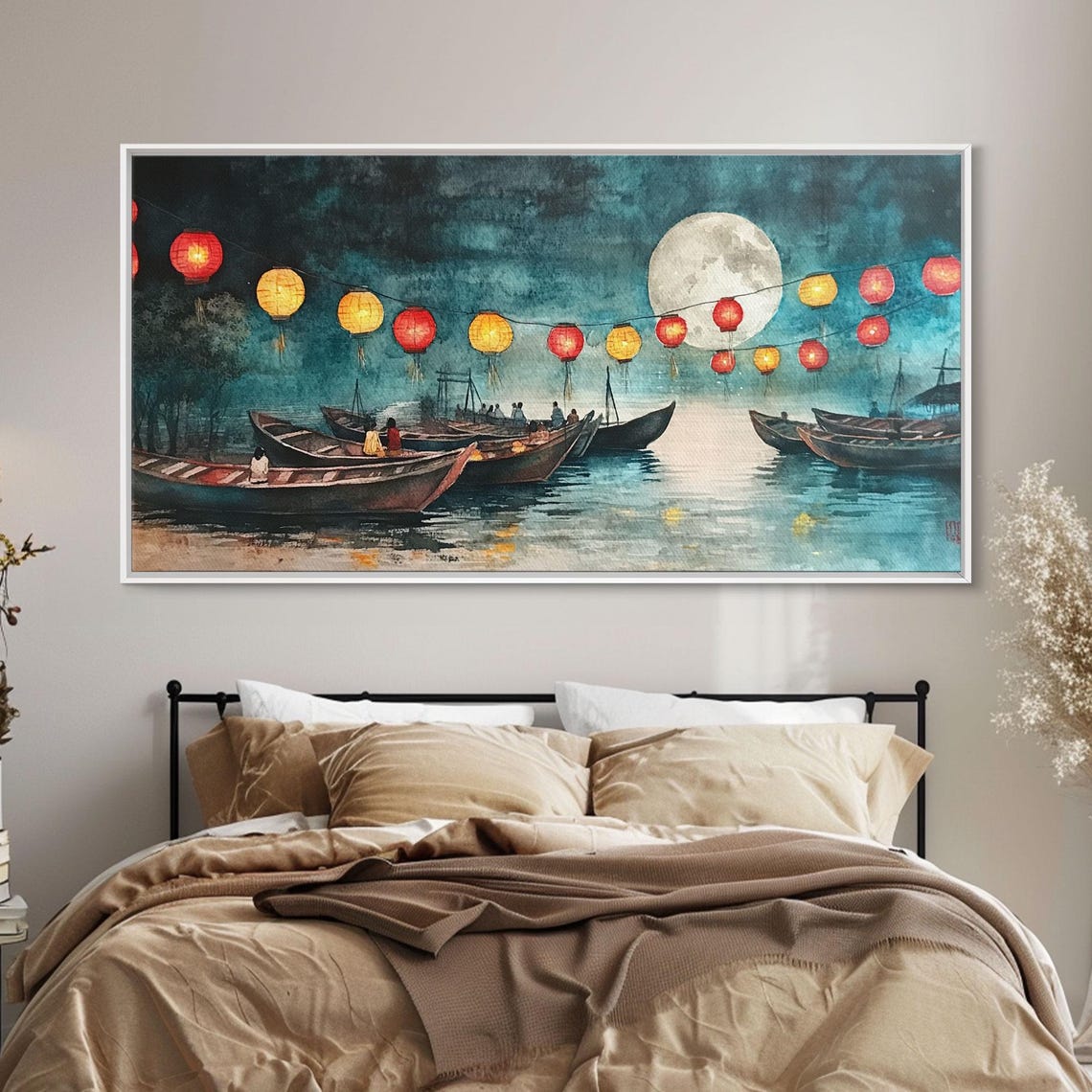Full Moon Lantern Boats Glowing On Night River Scene Art Print - Image 6