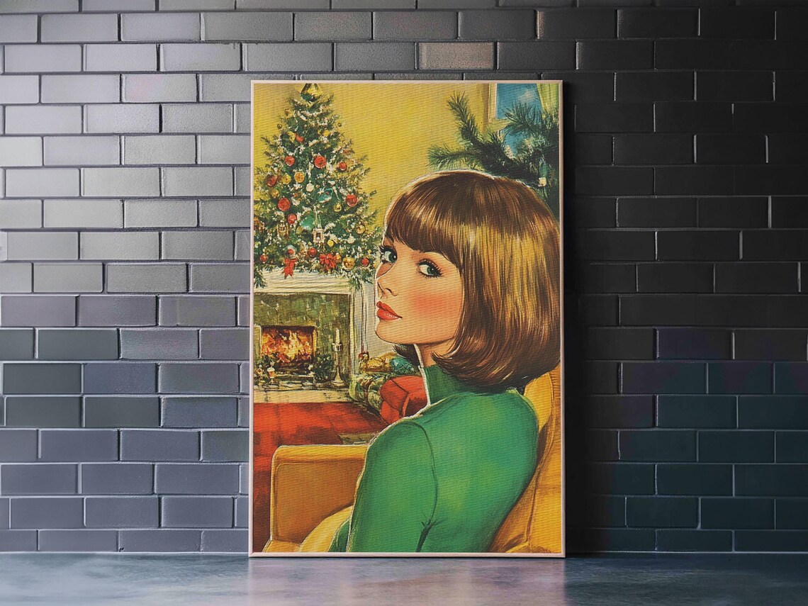 Retro 1950s Christmas Portrait Woman By Fireplace Vintage Holiday Art - Image 6