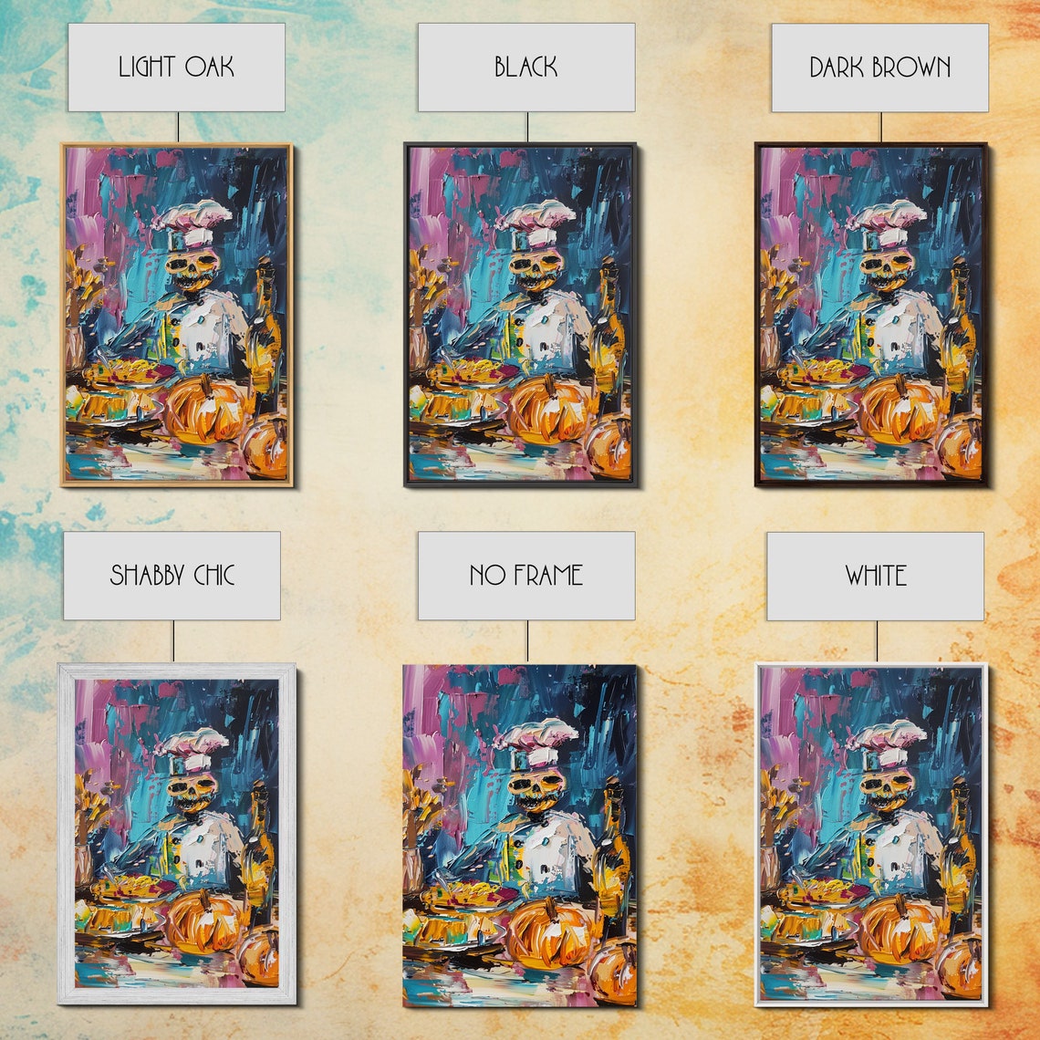 Skeleton Chef Cooking Pumpkins Colorful Impasto Kitchen Art Poster - Image 2