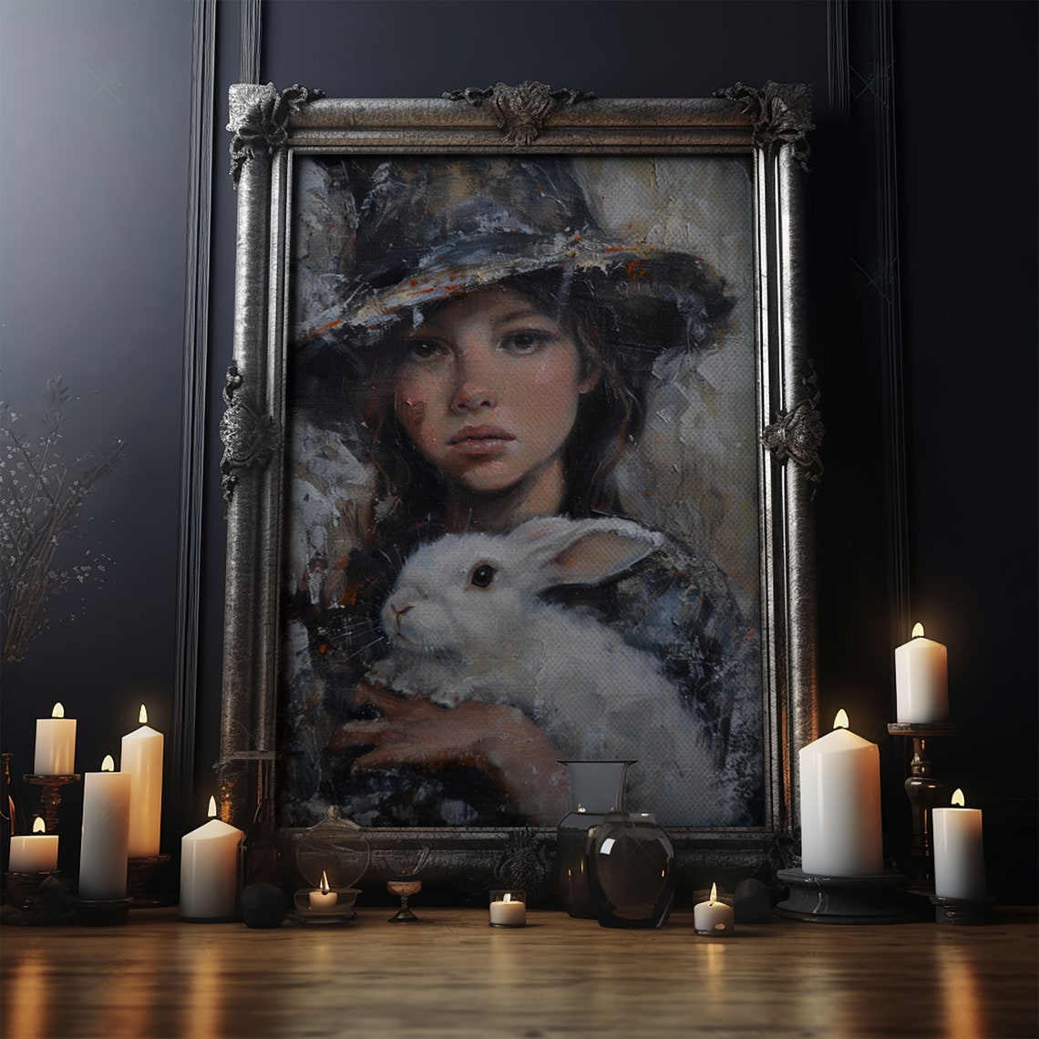 Young Witch Holding White Rabbit Painterly Dark Fantasy Art Poster - Image 5