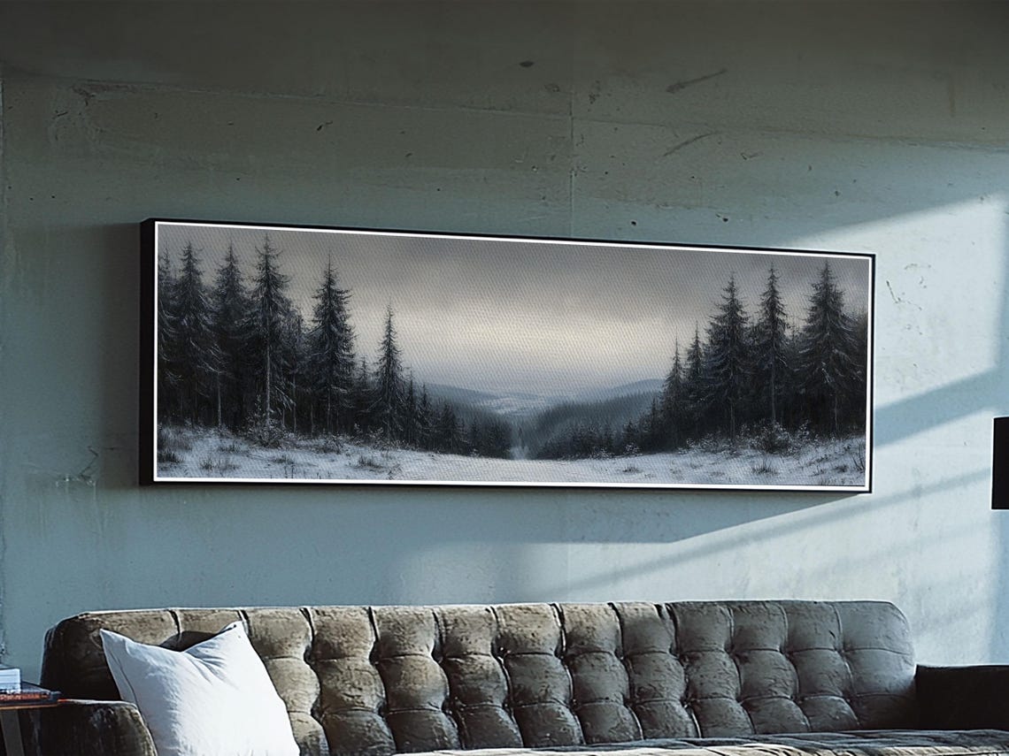 Black And White Snowy Pine Forest Bleak Winter Panoramic Print - Image 4