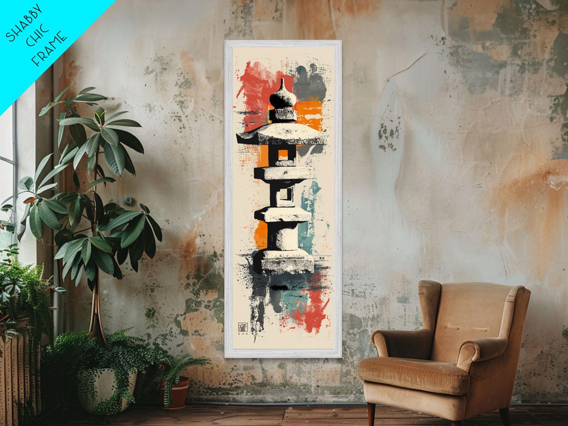 Zen Stone Lantern Skinny Art Tall Art Japanese Ukiyo E Inspired Framed Wall Art - Image 3