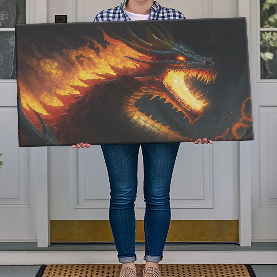 Fire Breathing Dragon Head Fantasy Art Fiery Horned Dragon Dark Wall Poster - Image 4