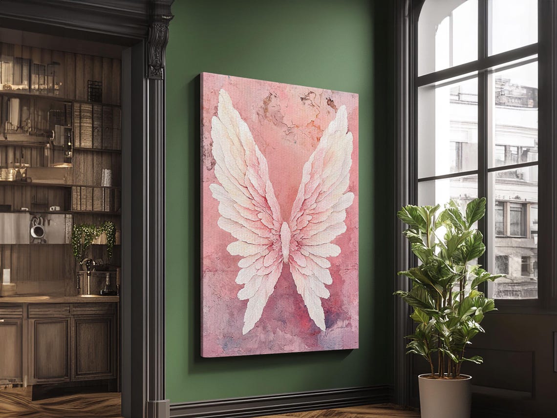White Angel Wings Pink Watercolor Art Print Serene Bedroom Wall Poster - Image 3