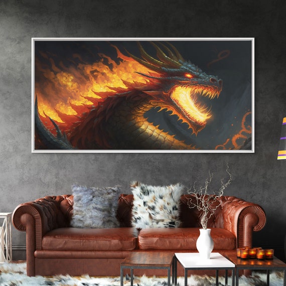 Fire-Breathing Horned Dragon, Colorful Fantasy Art Print