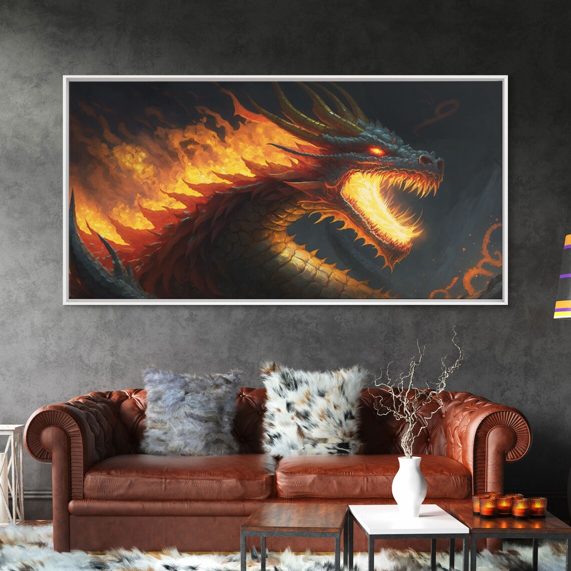 Fire-Breathing Horned Dragon, Colorful Fantasy Art Print