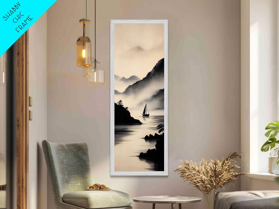 Black White Ink Misty Mountains Sailboat Lake Zen Minimalist Vertical Poster - Image 3