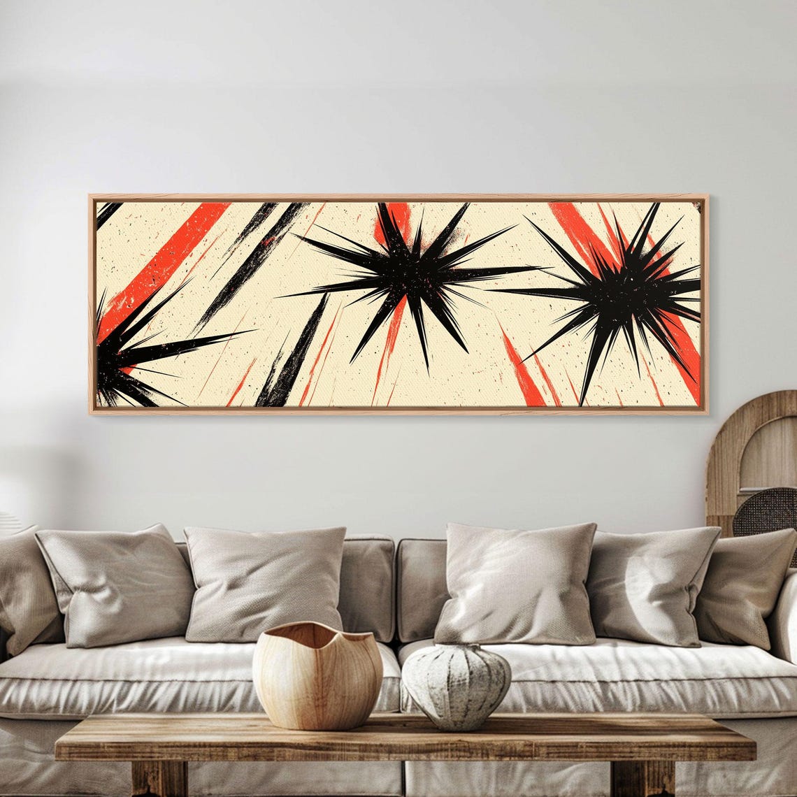 Black Starbursts With Red Streaks Mid Century Modern Abstract Poster - Image 3