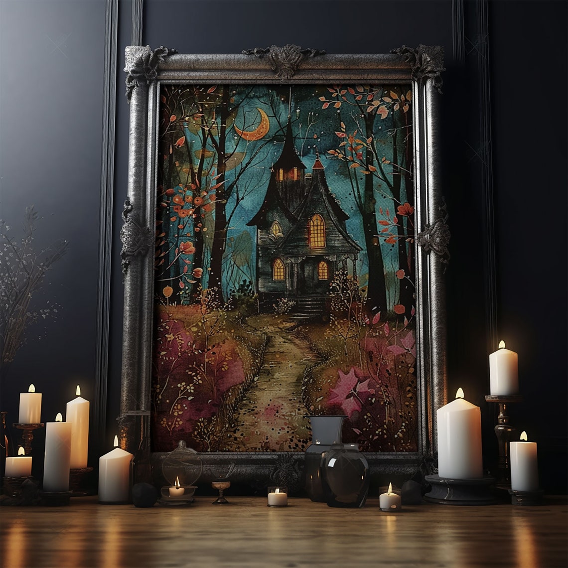 Enchanted Forest Pathway Witch Cottage Crescent Moon Art Poster - Image 4