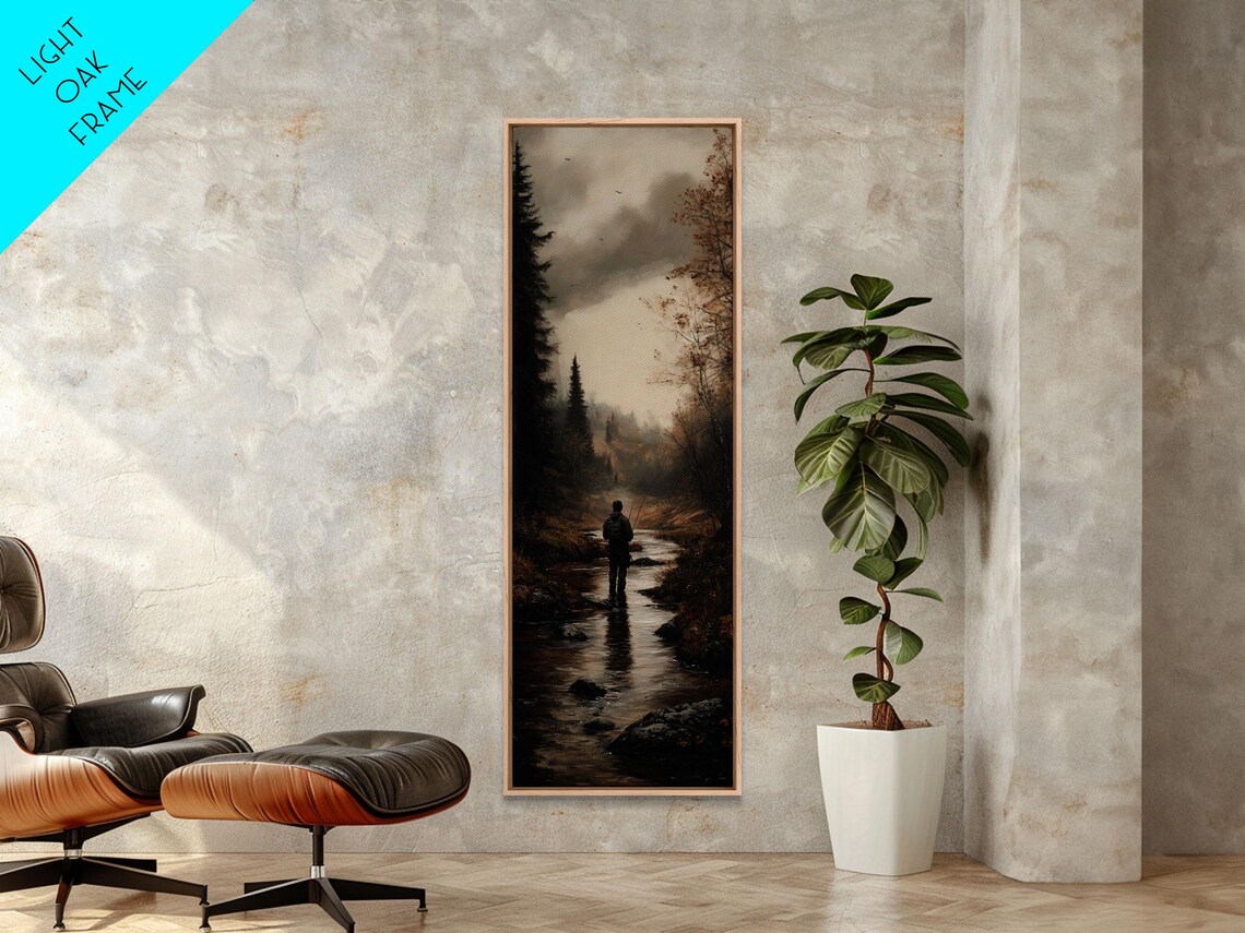 Lone Fly Fisherman In Misty Dark River Moody Nature Scene Poster - Image 2