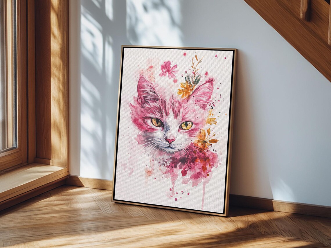 Watercolor Cat Face with Pink Floral Splashes Art Print Animal Wall Poster