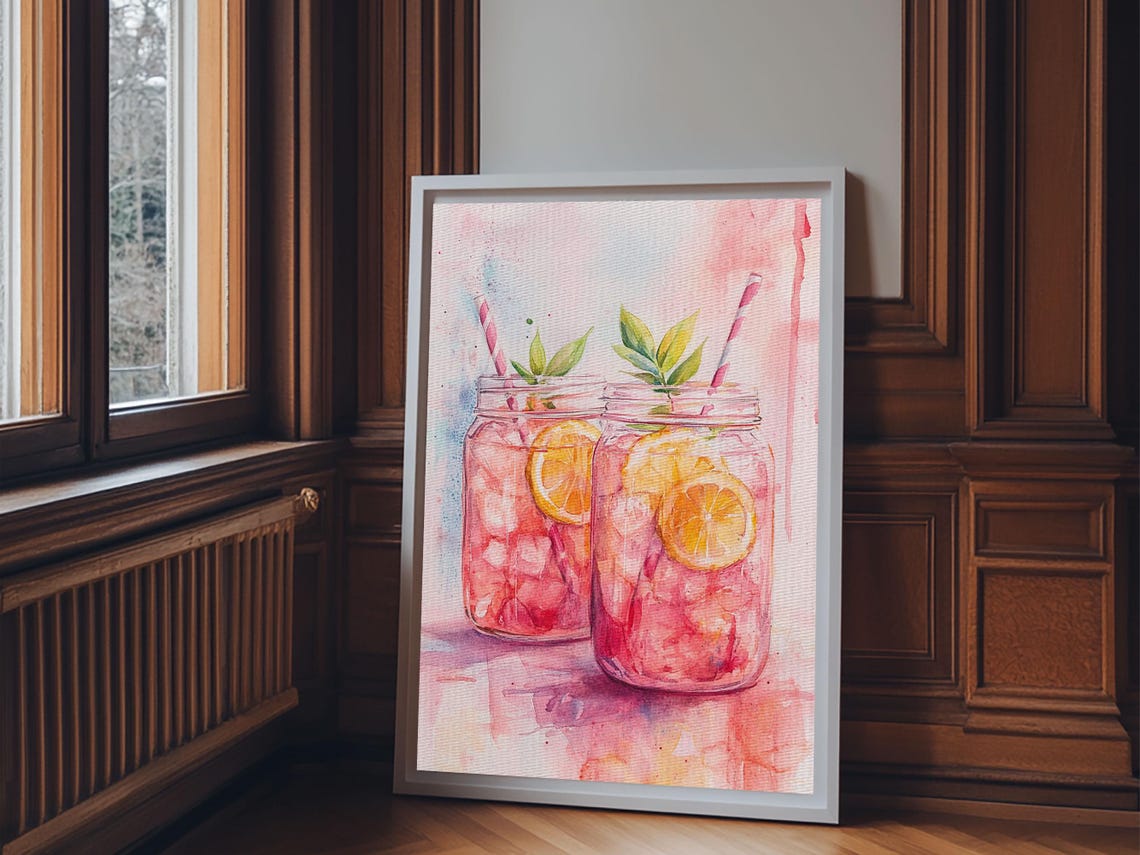 Pink Lemonade Mason Jars Watercolor Citrus Summer Refreshing Poster - Image 5