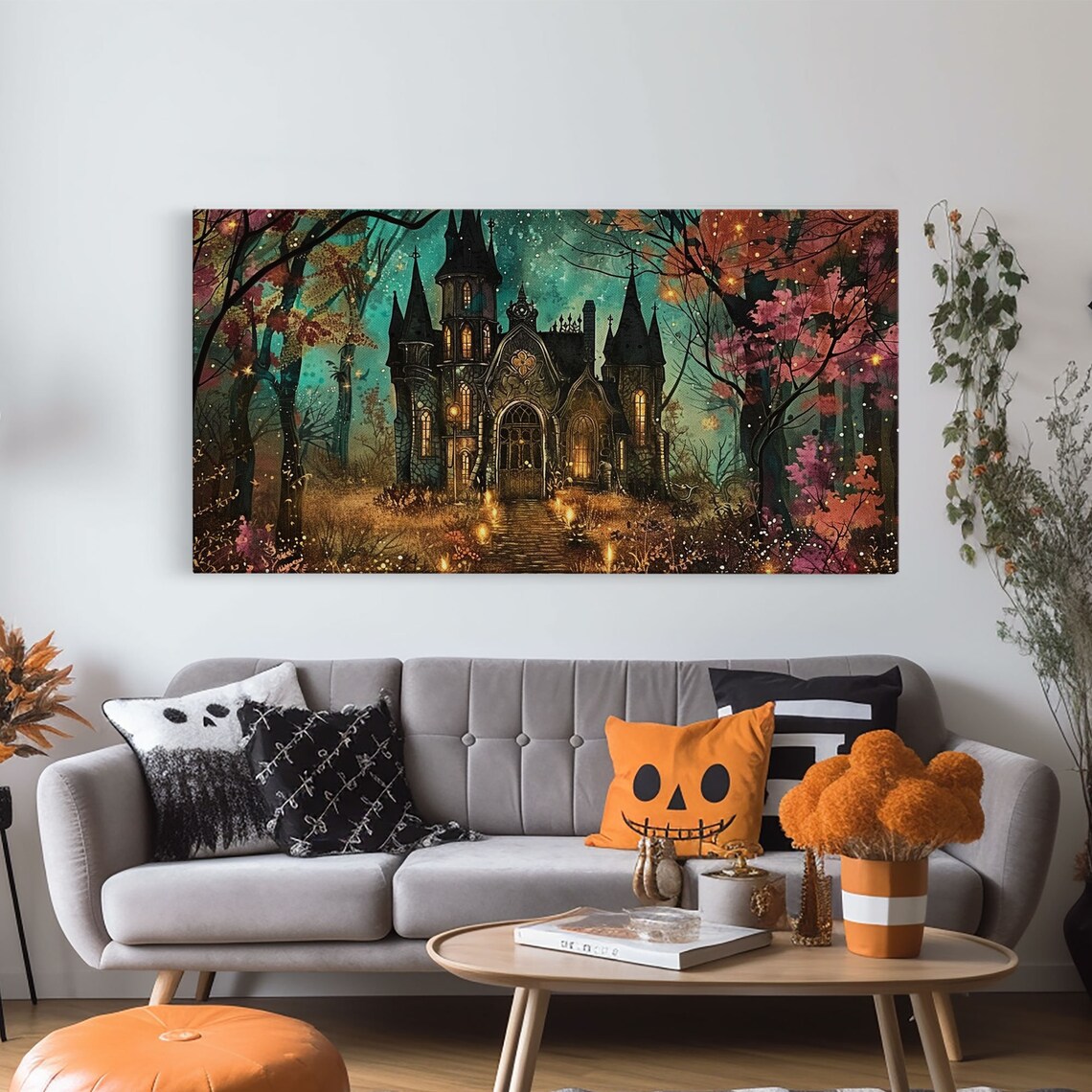 Haunted Gothic House Autumn Woods Glowing Windows Spooky Halloween Wall Art - Image 5