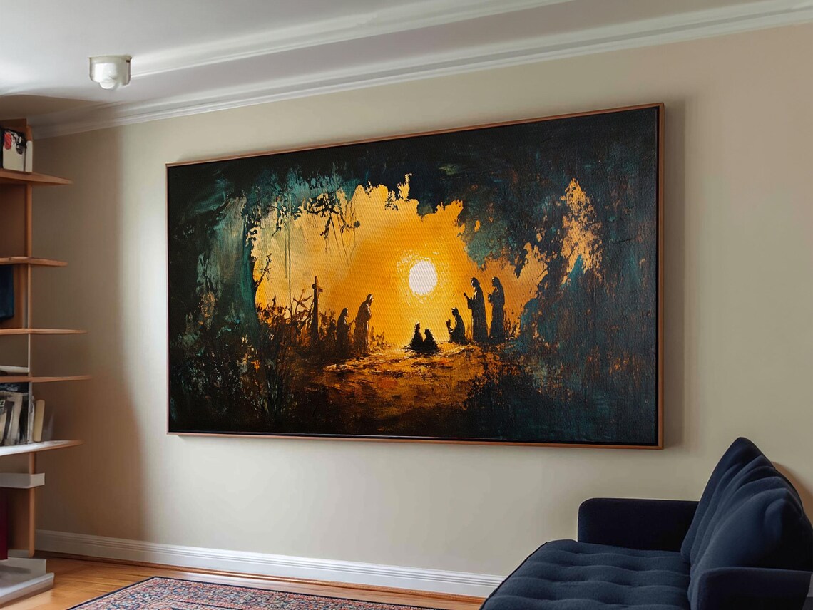 Christmas Nativity Manger Golden Light Silhouette Oil Painting Poster - Image 3